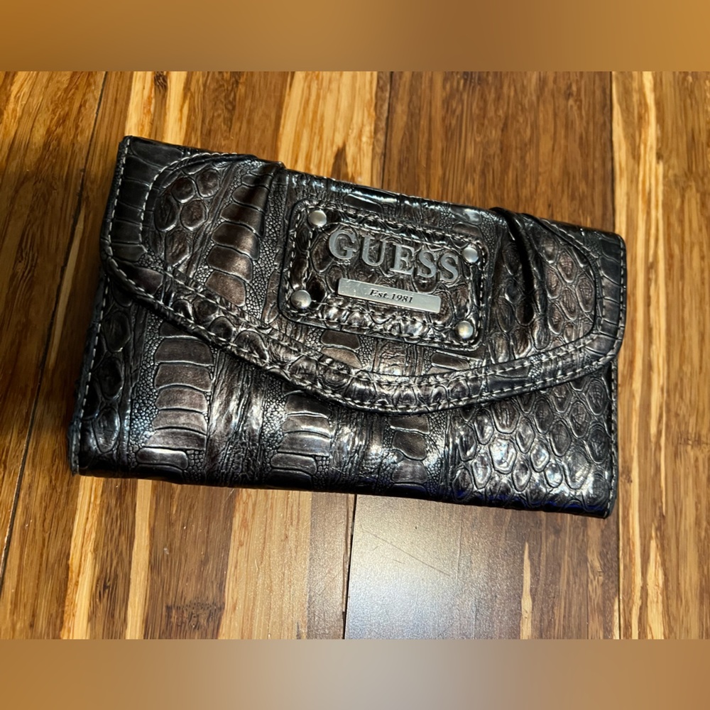 Guess Metallic Black Crocodile Embossed Wallet